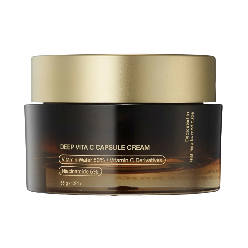 Amber glass jar of the Vitamin C Gold Capsule Facial Moisturizer with a brushed gold lid