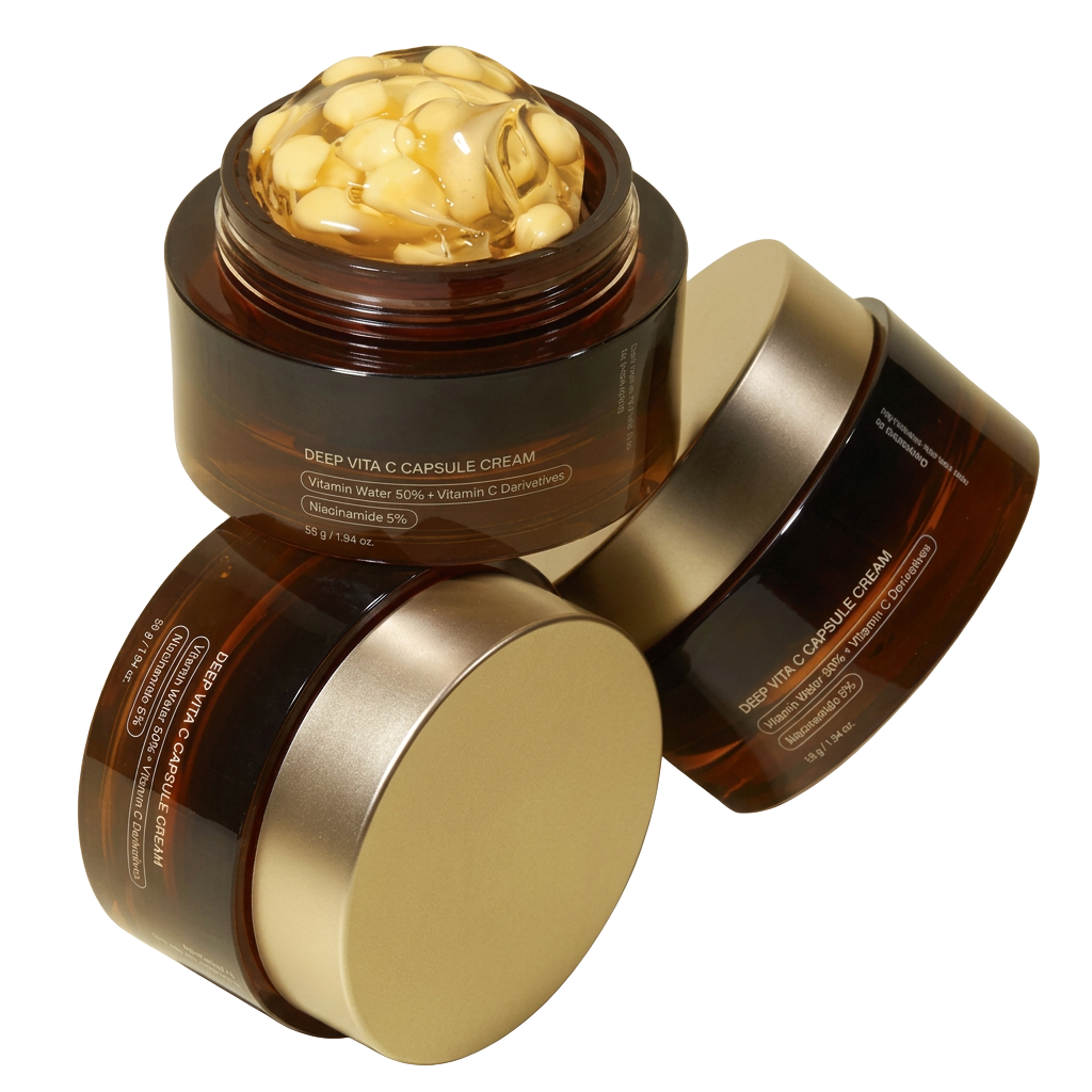Three jars of the moisturizer arranged together, one open showing gold capsules